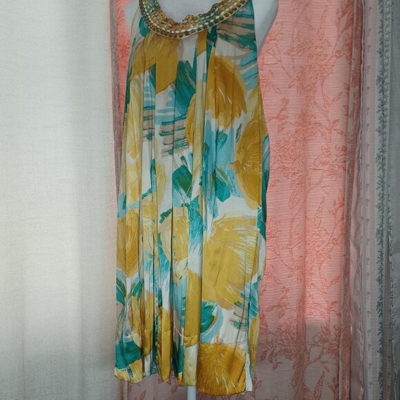 BCBGMaxAzria Dresses & Skirts - Y2k Bright yellow and blue beaded halter mini dress/ top with mesh details